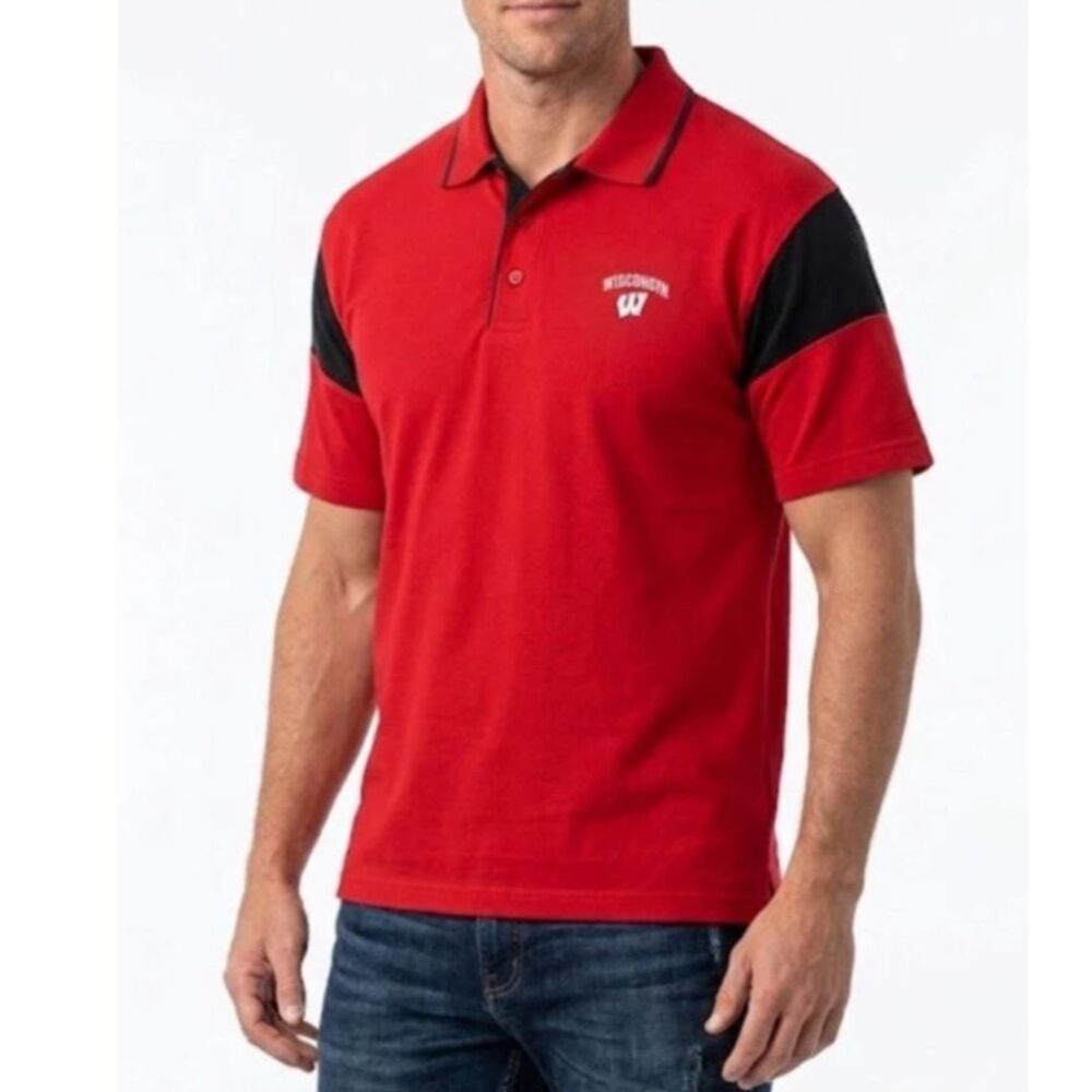 ProEdge Wisconsin Badgers Men's Red Black Colorblock SS Polo Shirt Size XL